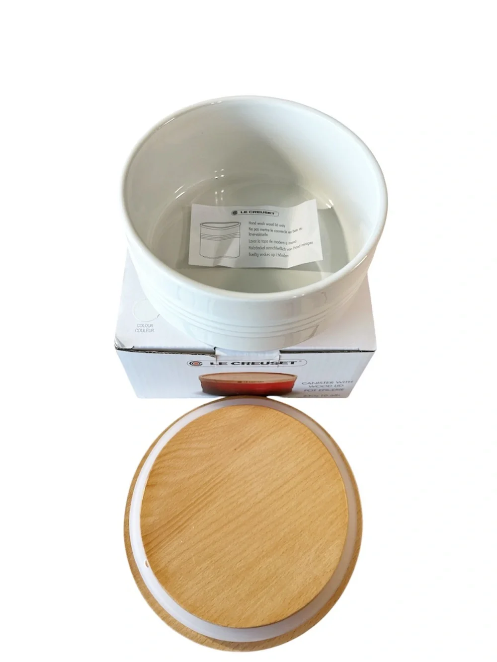 NEW Le Creuset WHITE CANISTER with Natural Wood Lid 23oz